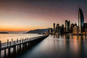 le horizon de Hong kong à le coucher du soleil. généré par ai photo