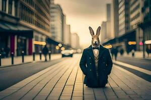 une lapin portant une costume et attacher sur le rue. généré par ai photo