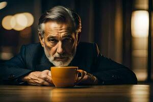 une homme avec une barbe et une café Coupe. généré par ai photo