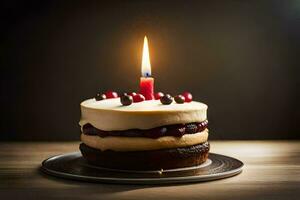 une anniversaire gâteau avec une bougie sur Haut. généré par ai photo