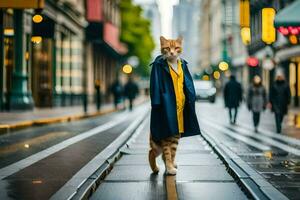 une chat dans une imperméable en marchant vers le bas une ville rue. généré par ai photo