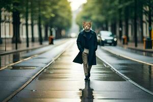 une chat portant une manteau et en marchant vers le bas une rue. généré par ai photo