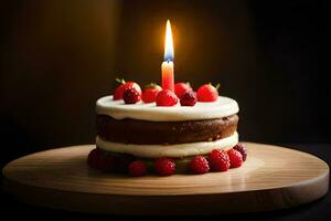 une anniversaire gâteau avec une Célibataire bougie. généré par ai photo