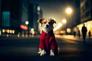 une chien portant une rouge manteau est assis sur le rue à nuit. généré par ai photo