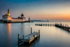 une jetée avec une église et une Dock à le coucher du soleil. généré par ai photo