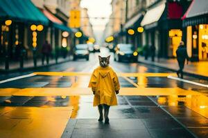 une chat dans une imperméable en marchant vers le bas une rue. généré par ai photo