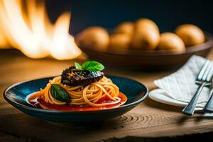 spaghetti avec Boulettes de viande et tomate sauce dans une bleu bol. généré par ai photo