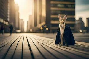 une lapin dans une manteau séance sur une en bois promenade. généré par ai photo