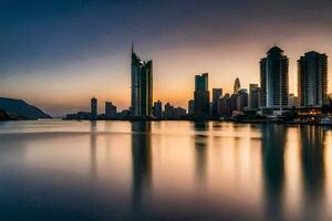 le ville horizon à le coucher du soleil dans Dubai. généré par ai photo