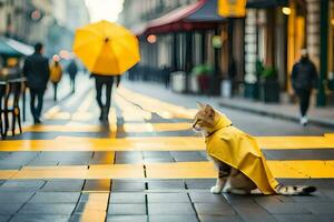 une chat dans une Jaune imperméable séance sur le trottoir. généré par ai photo