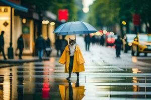 une chien dans une imperméable en marchant vers le bas une rue. généré par ai photo