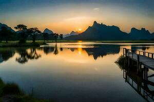 le Soleil monte plus de une Lac et montagnes dans Chine. généré par ai photo