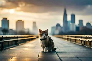 une chat séance sur une pont avec une ville dans le Contexte. généré par ai photo