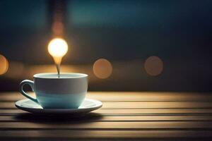 une tasse de café sur une table avec une lumière. généré par ai photo