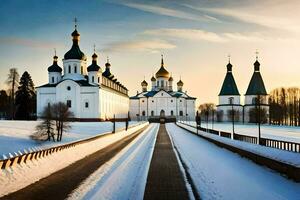 le russe orthodoxe église dans le neige. généré par ai photo