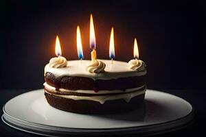 une anniversaire gâteau avec bougies sur il. généré par ai photo