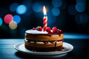 une anniversaire gâteau avec une allumé bougie sur Haut. généré par ai photo