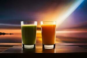 deux des lunettes de jus sur une table dans de face de une le coucher du soleil. généré par ai photo