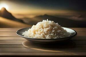 une bol de riz sur une en bois tableau. généré par ai photo