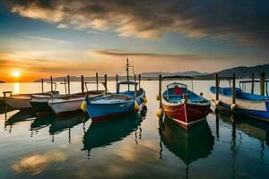 bateaux amarré à le jetée à le coucher du soleil. généré par ai photo