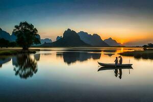 deux gens dans une bateau sur une Lac à le coucher du soleil. généré par ai photo