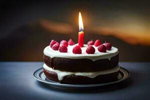 une anniversaire gâteau avec une Célibataire bougie. généré par ai photo