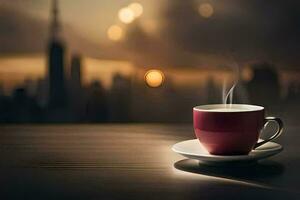une tasse de café sur une table dans de face de une paysage urbain. généré par ai photo