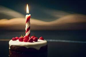 une anniversaire gâteau avec une Célibataire bougie. généré par ai photo