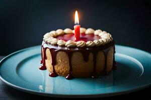 une anniversaire gâteau avec une Célibataire bougie sur il. généré par ai photo