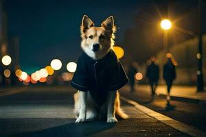 une chien dans une manteau séance sur le rue à nuit. généré par ai photo