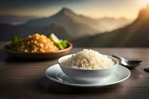 une bol de riz et une cuillère sur une table avec montagnes dans le Contexte. généré par ai photo