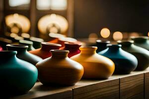 une rangée de coloré des vases sur une en bois tableau. généré par ai photo