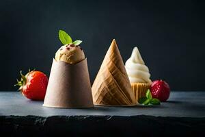 la glace crème cônes avec des fraises et menthe sur une foncé Contexte. généré par ai photo