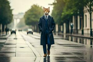 une Renard portant une costume et attacher en marchant vers le bas une rue. généré par ai photo