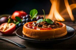 une assiette de nourriture avec tomates, poivrons et champignons. généré par ai photo