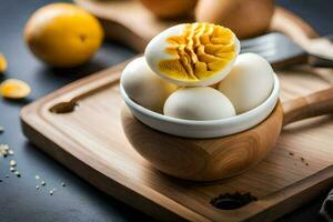 une bol de des œufs avec une couteau et fourchette. généré par ai photo