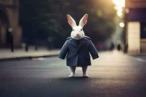 une lapin habillé dans une costume et attacher permanent sur le rue. généré par ai photo