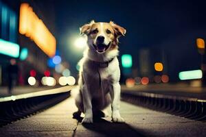 une chien séance sur une rue à nuit. généré par ai photo