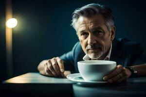 une homme dans une costume est séance à une table avec une tasse de café. généré par ai photo