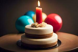 une anniversaire gâteau avec une bougie sur Haut. généré par ai photo