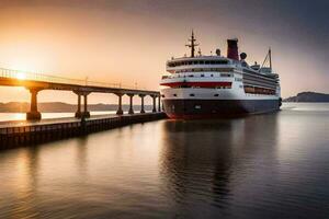 une croisière navire amarré à une jetée à le coucher du soleil. généré par ai photo