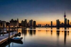 le ville horizon à le coucher du soleil dans shanghaï. généré par ai photo