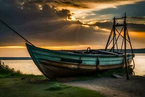 une bateau est assis sur le rive à le coucher du soleil. généré par ai photo