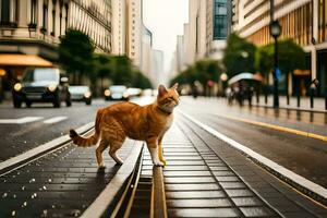 un Orange chat en marchant à travers une ville rue. généré par ai photo