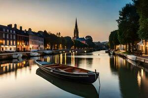 une bateau est amarré sur une canal à crépuscule. généré par ai photo