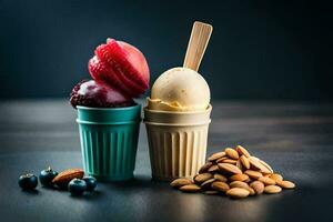 deux la glace crème boules avec baies et des noisettes. généré par ai photo