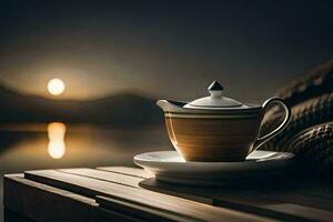 thé pot sur une en bois table avec une vue de le lac. généré par ai photo