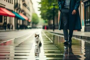 une homme en marchant avec une chat sur une humide rue. généré par ai photo