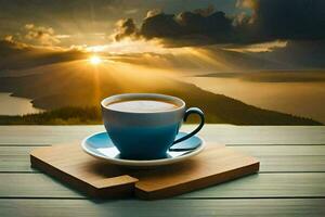 une tasse de café sur une en bois table avec une vue de le lever du soleil. généré par ai photo