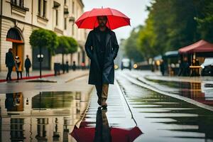 homme en marchant dans le pluie avec parapluie. généré par ai photo